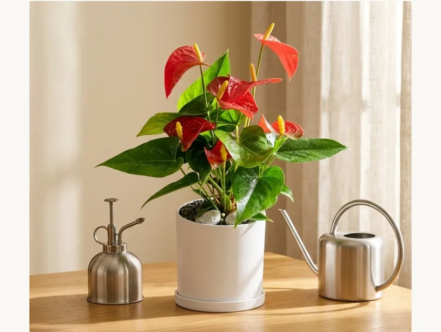 Anthurium plant in a white pot on a wooden table beside a metal watering can and mister