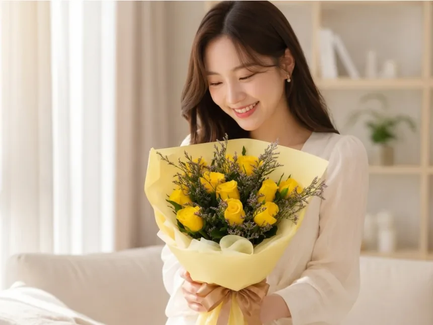 Một cô gái mỉm cười nhìn xuống bó hoa Khoảnh khắc vàng đang cầm trong phòng khách sáng