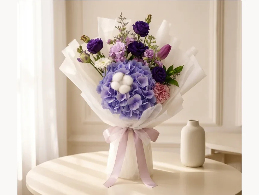 Bouquet of blue-purple hydrangea, deep purple lisianthus and tulips with a cotton accent, wrapped in sheer paper and tied with a pink ribbon, on a table