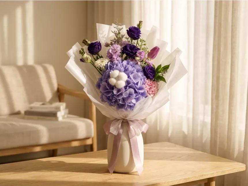 Lavender Dream bouquet in a white vase on a wooden table in front of a beige sofa and curtain