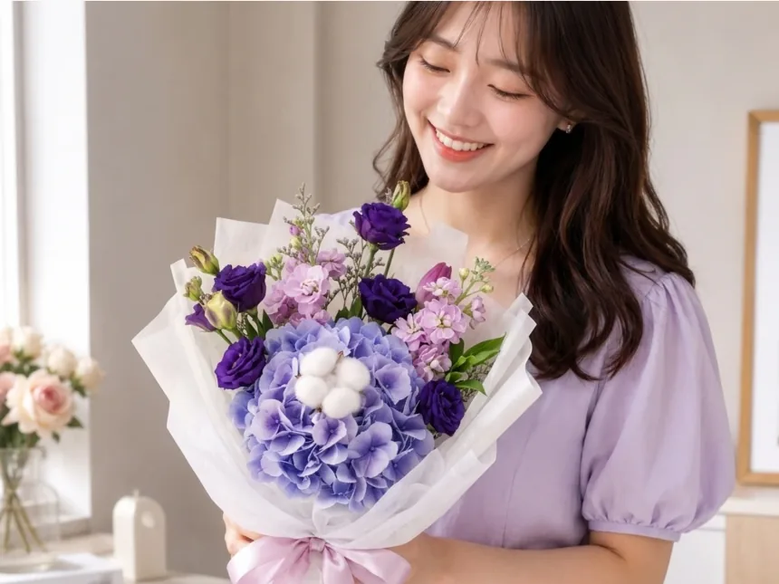 Woman smiling as she looks down at the Lavender Dream bouquet she is holding