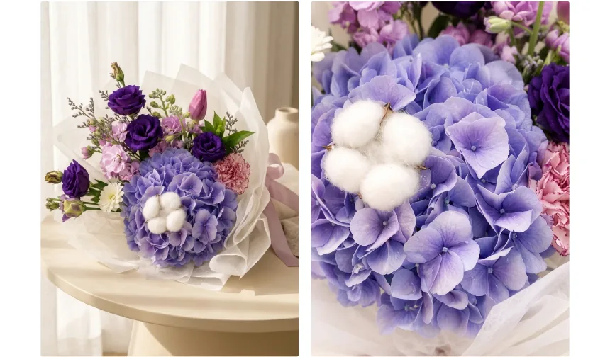 Lavender Dream bouquet on a side table beside a small vase, and a close-up of its cotton and hydrangea blooms