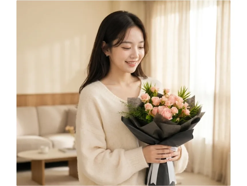 Woman smiling down at a Pink Noir bouquet of pink roses in a bright living room