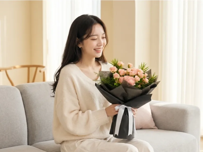 Woman sitting on a sofa holding a Pink Noir pink rose bouquet