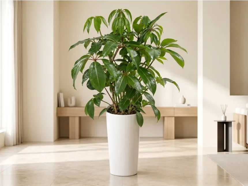 Large-leaf umbrella plant (Schefflera) with glossy green leaves in a tall white pot, in a bright living room