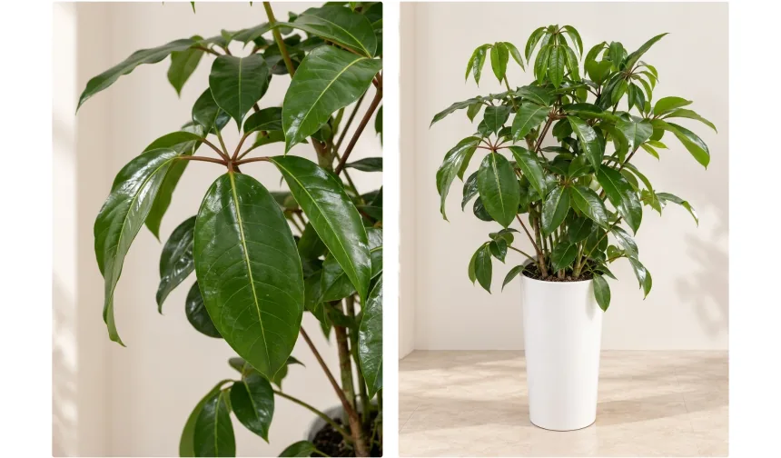 Close-up of glossy umbrella-plant leaves beside the full plant in a white pot