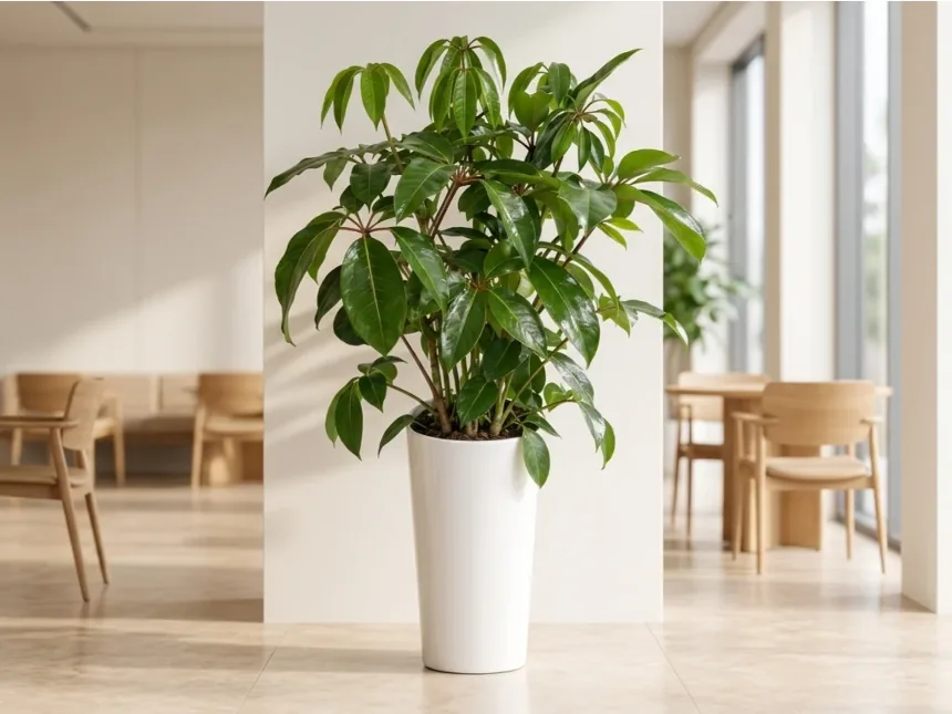 Large-leaf umbrella plant in a café-style interior with wooden chairs