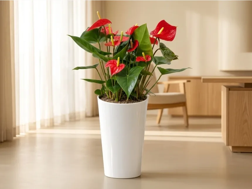 Red anthurium in a bright room with wooden furniture