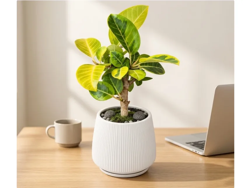 Bengal rubber tree on a wooden desk next to a laptop and a coffee mug