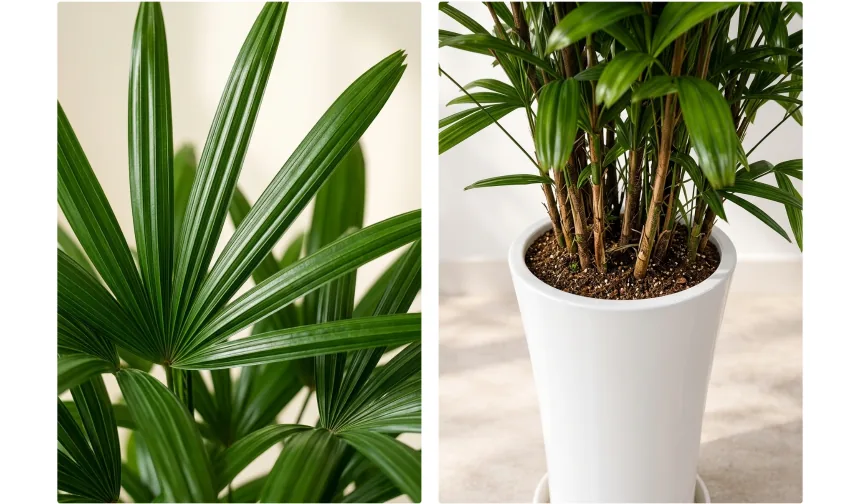 Close-up of fan-shaped lady palm leaves and the clustered stems emerging from the soil