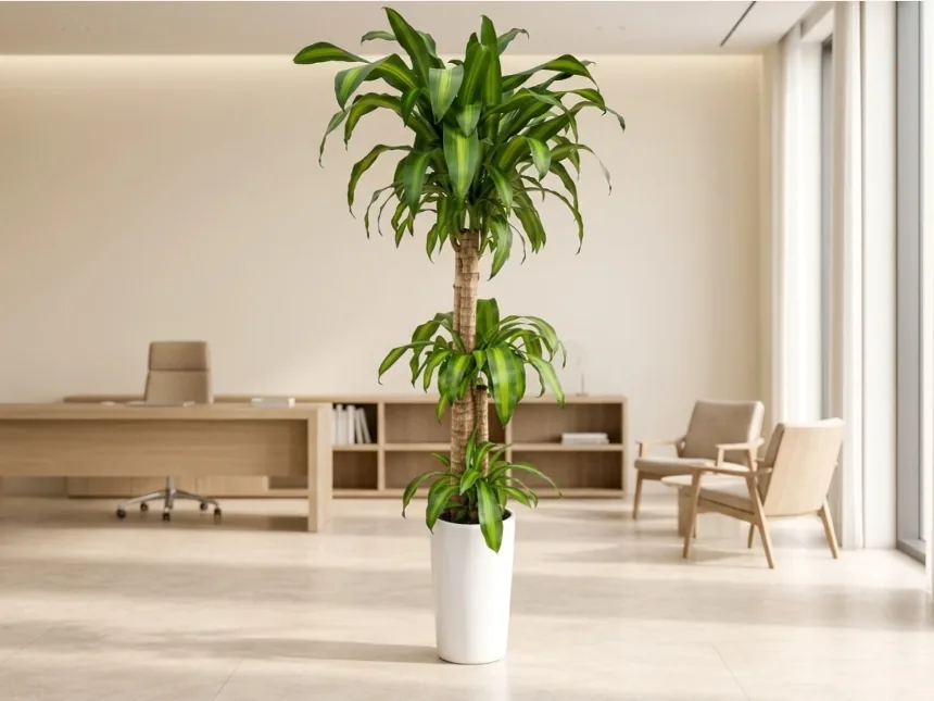 Potted Dracaena fragrans in a bright office lobby with a desk and armchairs