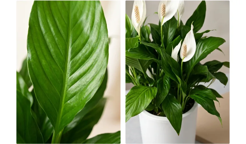Close-up of a glossy Spathiphyllum leaf (left) and the full plant with white flowers in a white pot (right)