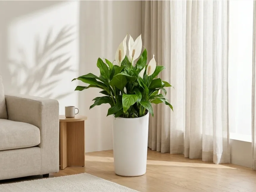 Spathiphyllum in a white pot beside a sofa and sheer curtains in a sunlit living room