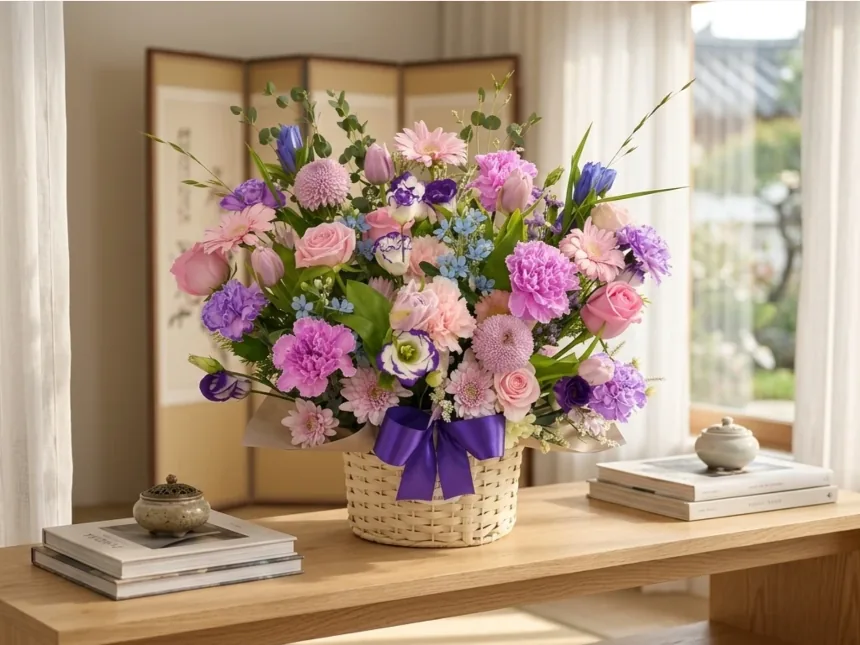 Romantic Lavender flower basket with pink roses, gerberas, lavender carnations, and tulips on a table in front of a folding screen