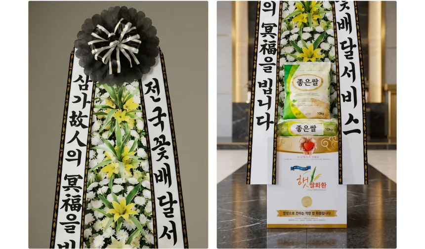 Close-up of the condolence ribbon and flowers, and the stacked bags of rice