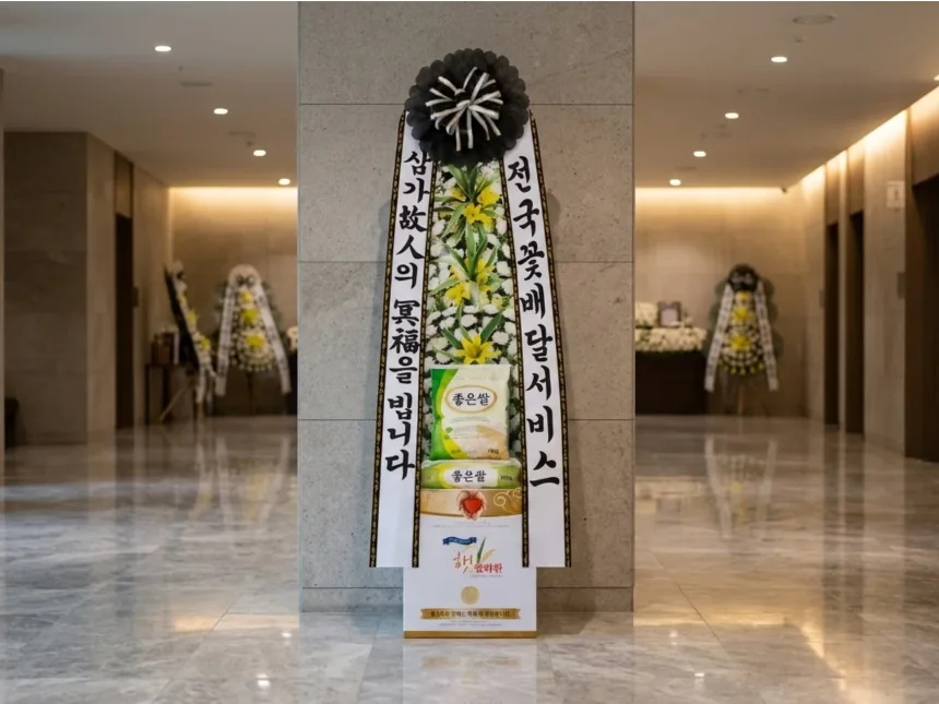 The rice wreath set up in a funeral hall hallway, with other floral tributes visible in the background