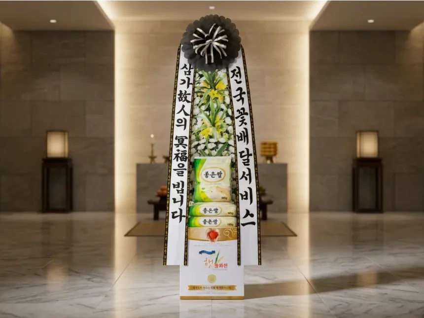 Sympathy rice wreath with white chrysanthemums and yellow lilies, holding three bags of rice, displayed at a funeral hall altar