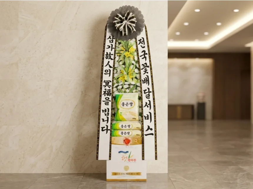 The rice wreath set up in a funeral hall hallway