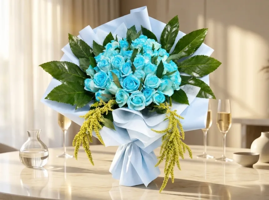 Blue Sunlight — sky-blue rose bouquet in a pale blue wrap on a marble table set with champagne glasses
