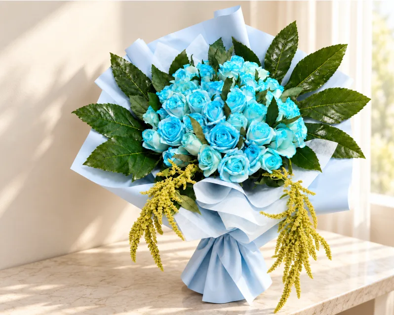 Blue Sunlight bouquet standing on a stone counter in soft morning light